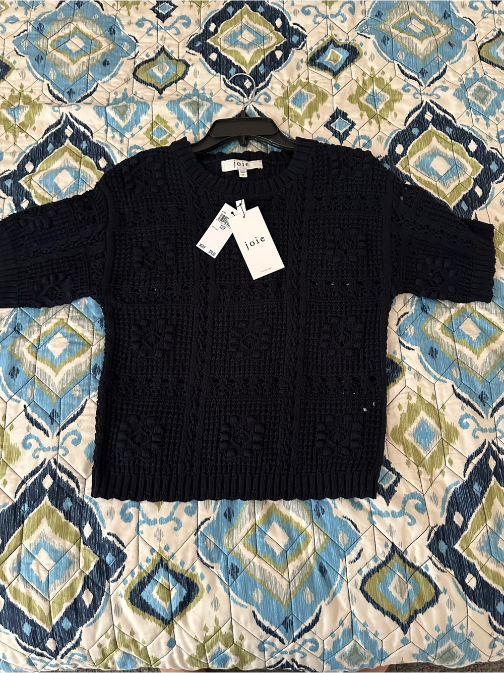 100% Cotton Crochet Sweater Joie Navy Openwork Knit Short Sleeve . Size XS. NWT